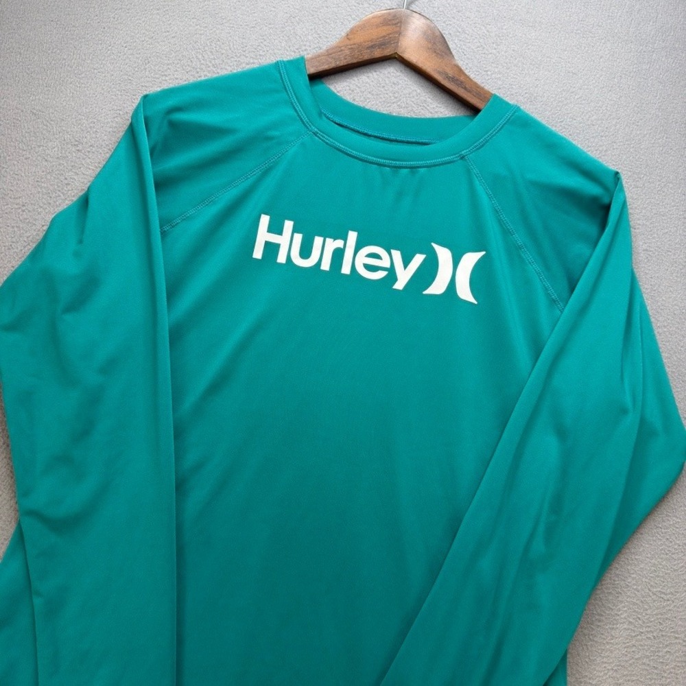 Hurley Logo Long Sleeve Rash Guard Swim Shirt Regular L Teal UPF 50+ Performance